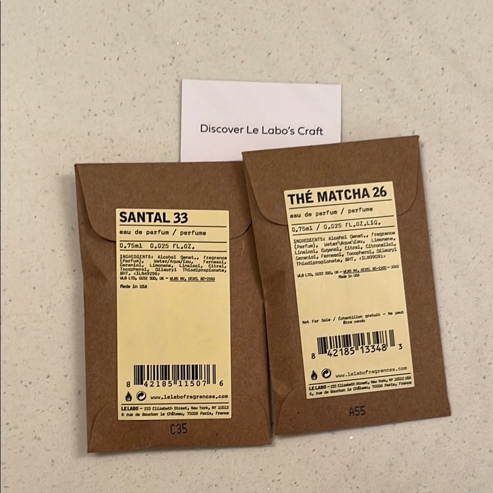 Le Labo Santal 33 & Thé Matcha 26 Set of 2 Sample Scent Pack New GWP